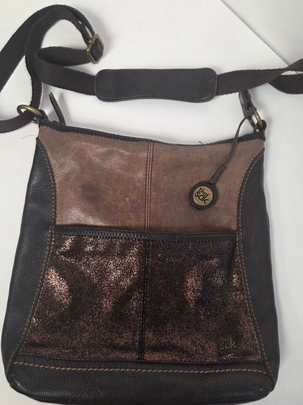 The Sak Crossbody Iris Brown Metallic Leather Shoulder Bag Purse Boho Classic